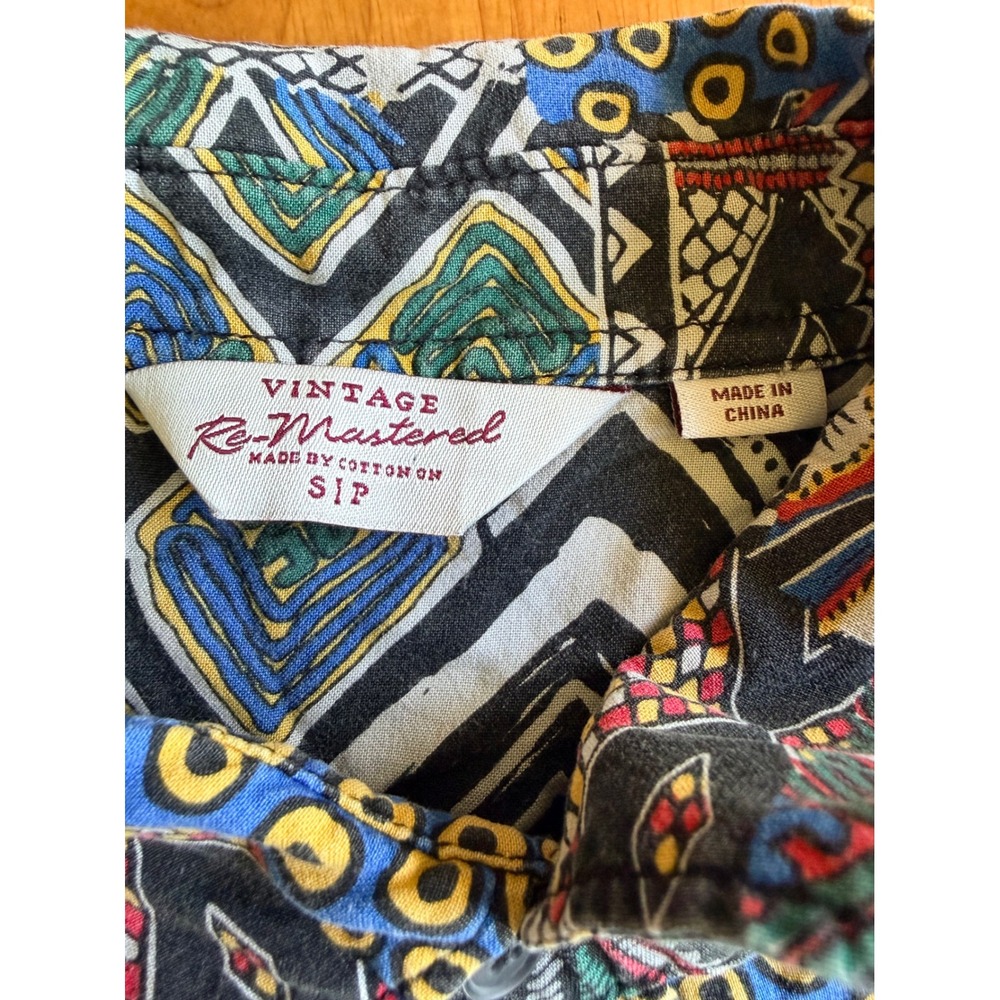 Cotton On Vintage Re-Mastered Mens Small Geometric Tribal Patchwork Shirt Multi - Picture 2 of 6